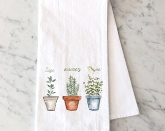 Fresh Herbs Kitchen Tea Towel - Pots of Herbs Tea Towel - Herb Flour Sack Towel - Gift for a Cook - Herbs and Spices