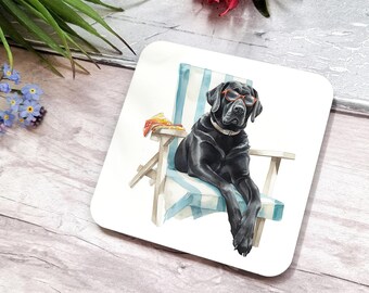 Tropical Black Labrador Coasters - 4 Glossy Cork-Backed Coaster - Gift for Dog Lover - Black Lab Home Decor - Black Lab Drink Coasters