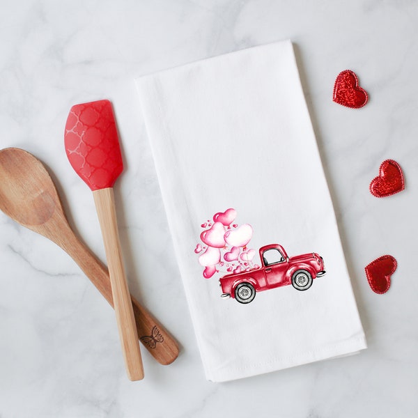 Valentine's Day Red Truck Tea Towel - Valentine Decor Flour Sack - Farmhouse Decor - Vintage Kitchen Towel - Housewarming Gift - Dish Towel
