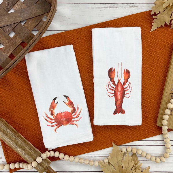 Crustacean Flour Sack Towel - Crab Tea Towel - Lobster Kitchen Towel = Beach House Decor - Ocean Beach Sea Gift - Gift for Lobster Crab Love