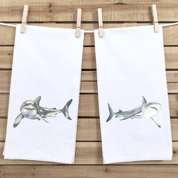 Shark Tea Towel - Great White Flour Sack Towel - Beach Themed Kitchen Decor - Beach Kitchen - Marine Life - Shark Lovers Gift Idea
