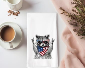 Funny Patriotic Raccoon Flour Sack Towel, Feral Raccoon Kitchen Towel, Fourth of July Decor, Americana Tea Towel, Raccoon Lover Gift