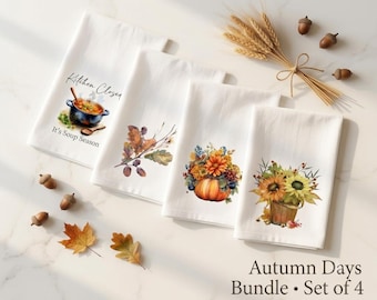 Fall Kitchen Towel Set of 4, Autumn Harvest Decor, Pumpkin & Sunflower Tea Towels, Cozy Kitchen Gift, Thanksgiving Hostess Gift