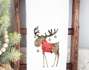 Festive Moose Christmas Flour Sack Towel - Unique Holiday Kitchen Decor - Cute Winter Moose Kitchen Towel - Adorable Moose tea Towel
