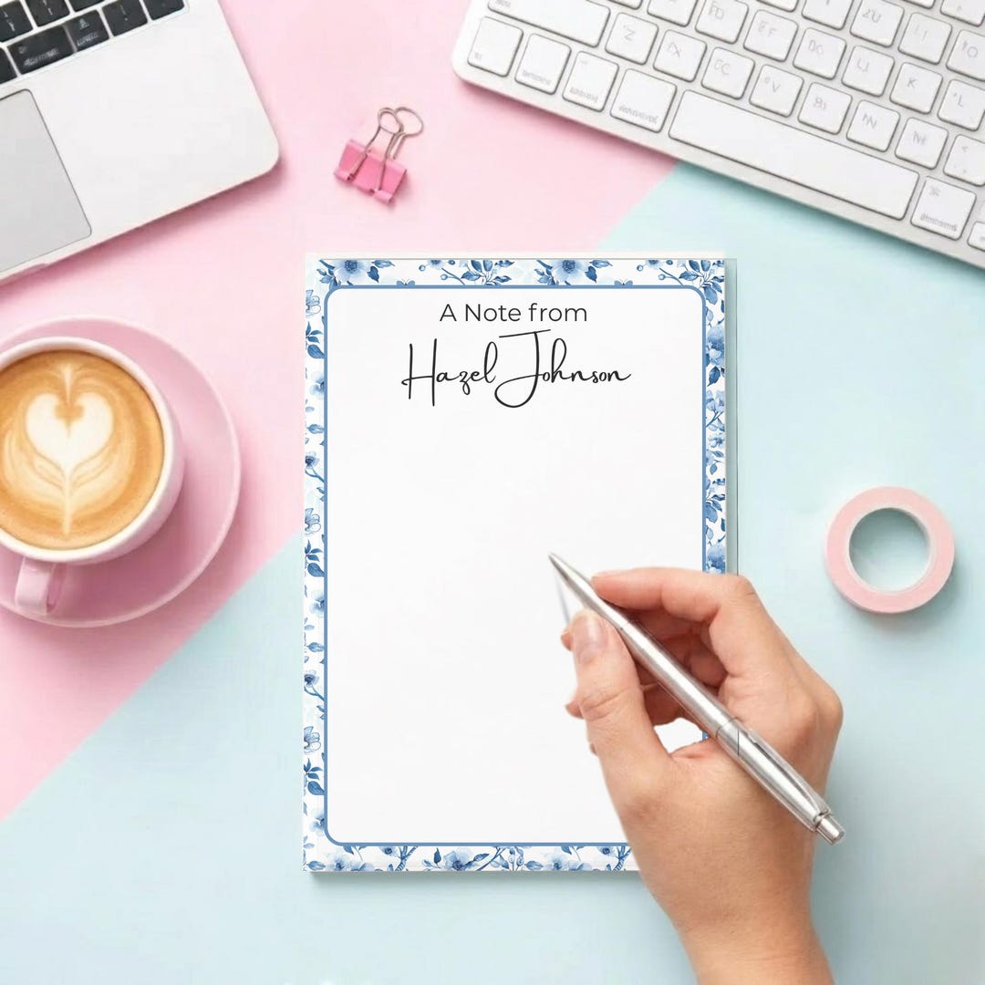 Personalized Blue Floral Notepad – Custom Chinoiserie Stationery Pad ...