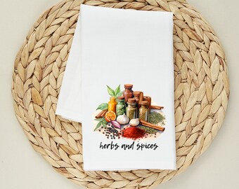 Flour Sack Towel - Watercolor Herbs & Spices Tea Towel - Herb Kitchen Decor - Herb Kitchen Towel - Gift for Cook - Spices Dish Towel