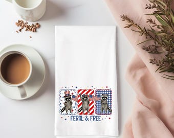 Feral & Free Patriotic Raccoon Flour Sack Towel – Americana Kitchen Towel – Fourth of July Decor – Raccoon Lover Gift – Farmhouse Tea Towel