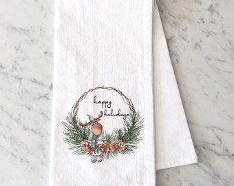 Christmas Moose Tea Towel - Holiday Wreath Flour Sack Towel - Cute Chr –  Running Frog Studio