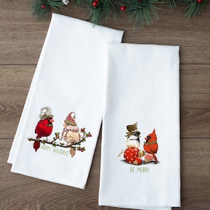 Christmas Birds Tea Towel - Cardinal Flour Sack Towel - Winter Kitchen Towel - Chickadee Christmas Kitchen Towel - Gift for Bird Lover