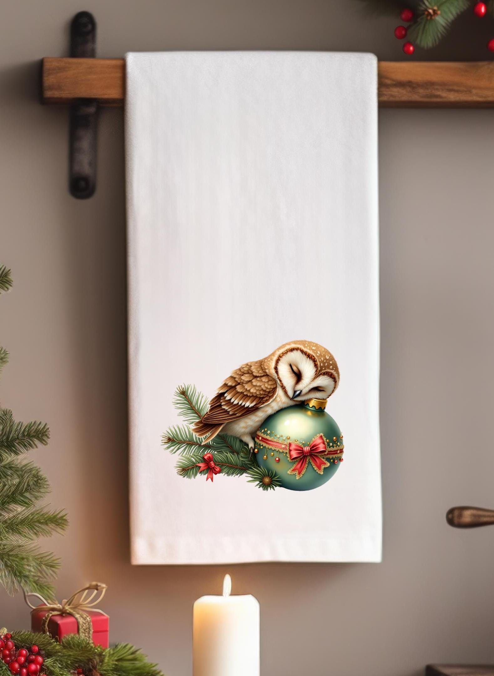 Cute Christmas Owl Flour Sack Towel - Festive Holiday Kitchen Decor - Sleepy Christmas Owl Tea Towel