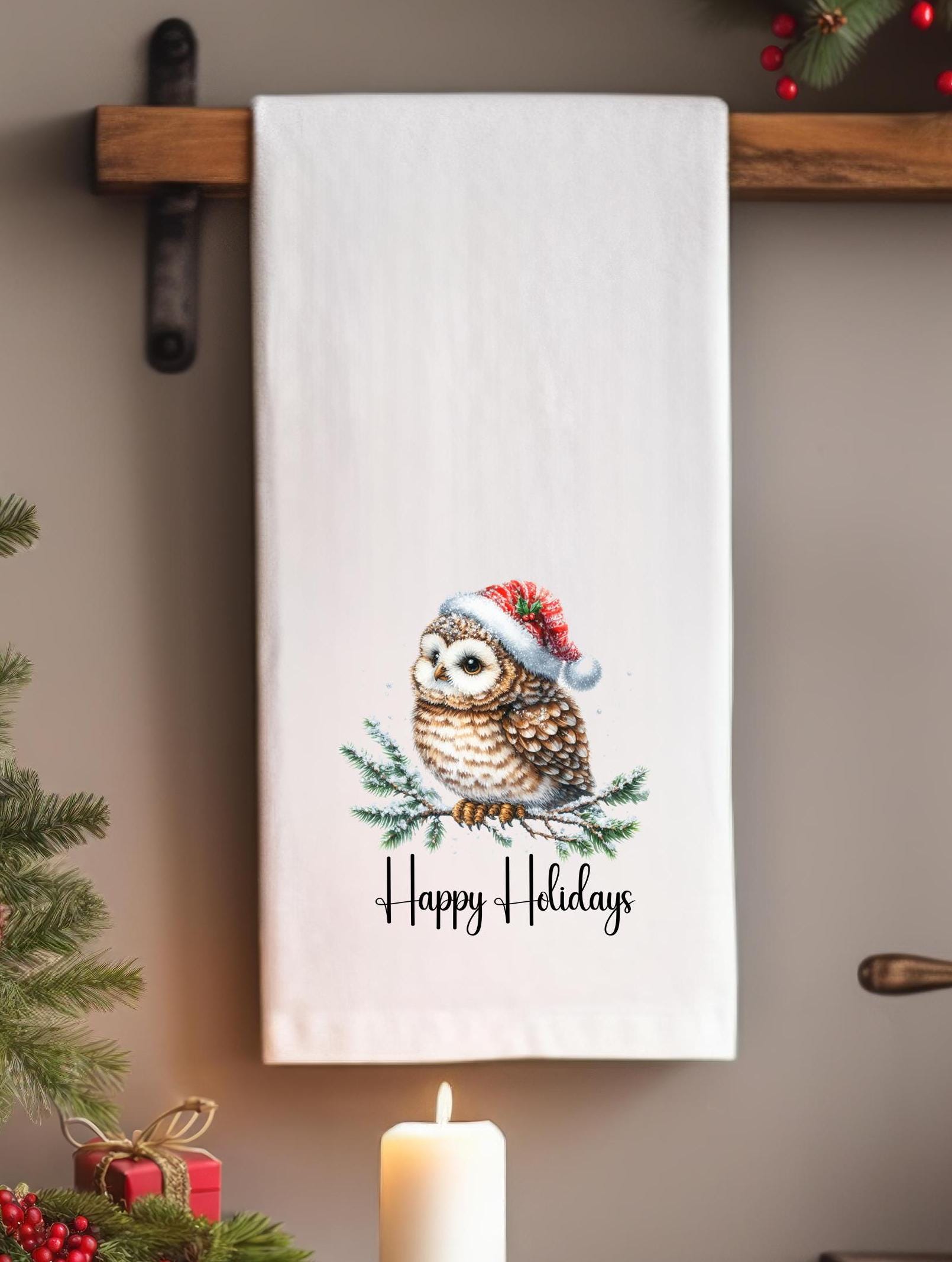 Cute Christmas Owl Flour Sack Towel - Festive Holiday Kitchen Decor - Christmas Owl Tea Towel - Sant