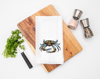 Blue Crab Flour Sack Towel - Crab Tea Towel - Blue Crab Kitchen Towel = Blue Crab Beach Decor - Ocean Beach house Gift - Gift for Crab Lover