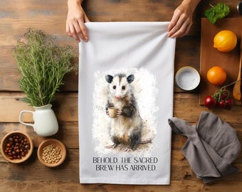 Funny Possum Kitchen Towel, Coffee Lover Gift, Sacred Brew Flour Sack Towel, Funny Opossum Gift, Caffeine Lover Kitchen Decor