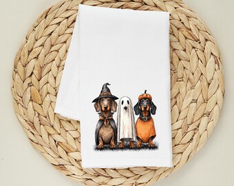 Halloween Dachshund Flour Sack Towel | Cute Ghost Wiener Dog Kitchen Towel | Dog Lover Gift | Fall Kitchen Decor | Cotton Tea Towel