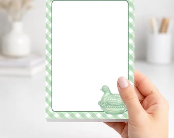 Vintage Hen Notepad, Chicken Lover Gift, Farmhouse Kitchen Stationery, Sage Green Gingham Memo Pad, Cottage Kitchen Gift
