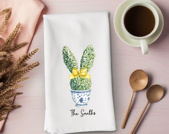 Personalized Easter Bunny Topiary Flour Sack Towel | Spring Kitchen Towel | Chinoiserie Bunny Decor | Custom Family Name Towel