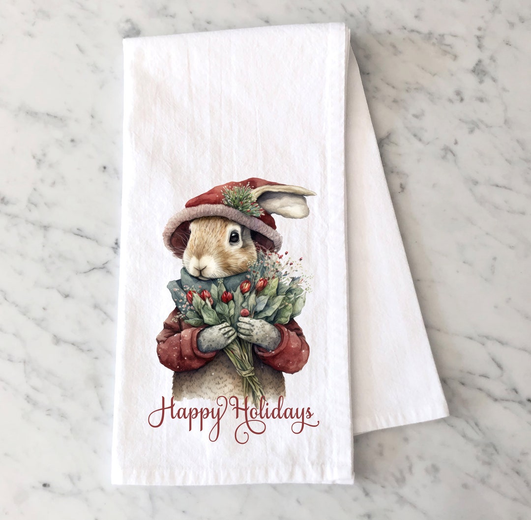Christmas Rabbit Kitchen Towel - Bunny Holiday Tea Towel - Elegant ...