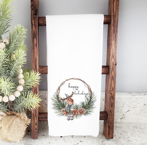 Christmas Moose Tea Towel - Holiday Wreath Flour Sack Towel - Cute