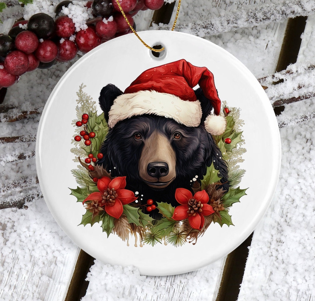 Rustic Black Bear Santa Ceramic Ornament - Festive Christmas Decor ...