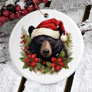Rustic Black Bear Santa Ceramic Ornament - Festive Christmas Decor - Christmas Black Bear Ornament - Keepsake Holiday Decoration