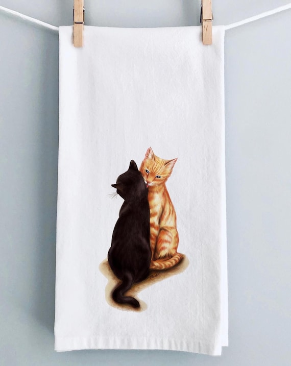Personalized Cuddling Cats Tea Towel - Cat Lovers Flour Sack Towel - Gift for Cat Mom - Feline Decor -Kitty Kitchen Towel