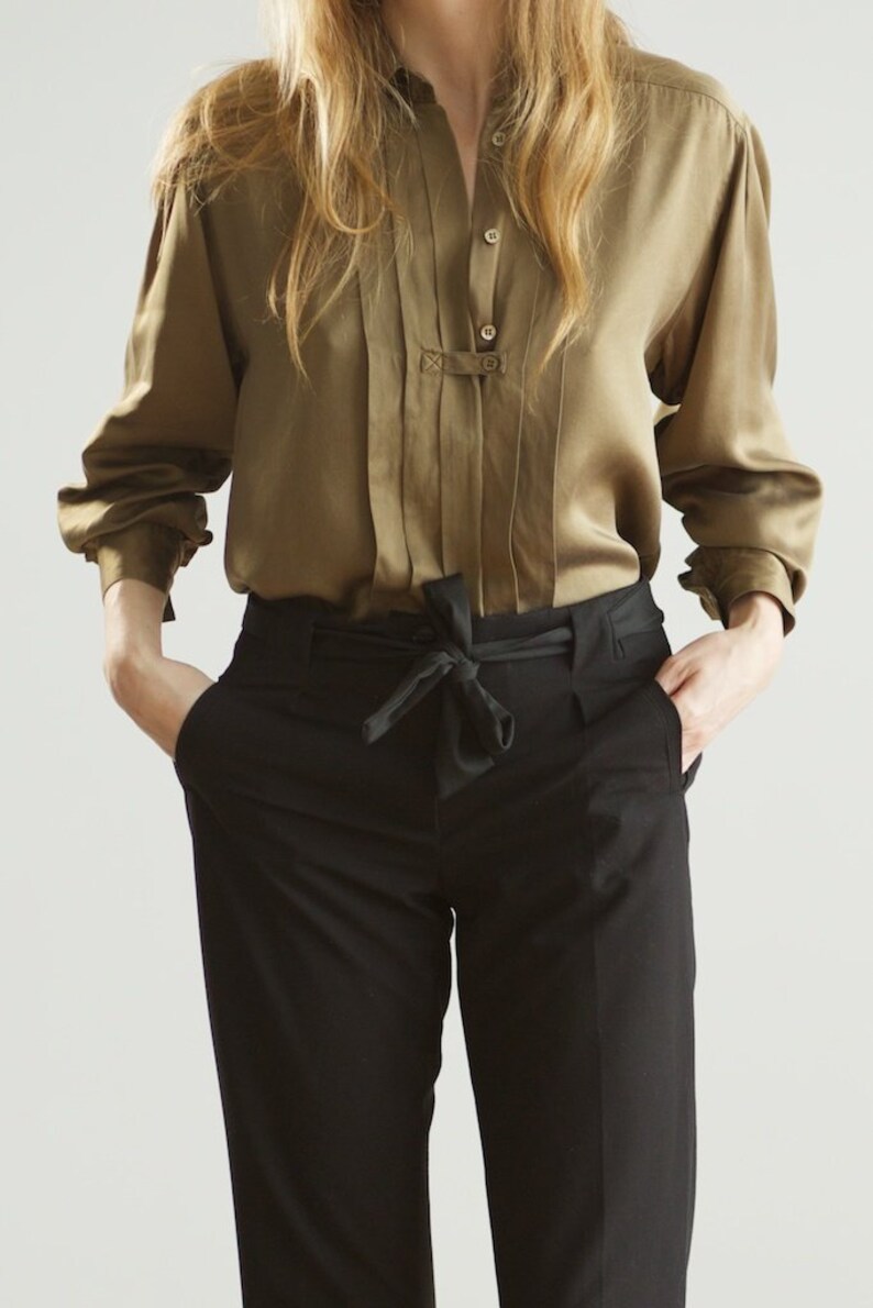 90s structural silk blouse vintage flat pleated shirt small