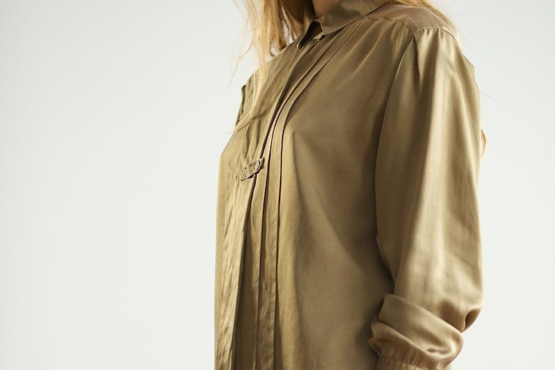 90s structural silk blouse vintage flat pleated shirt small