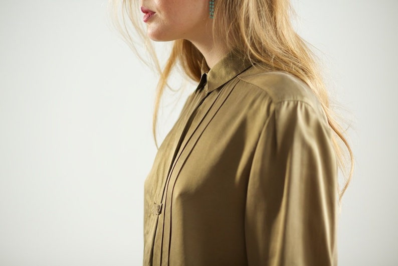 90s structural silk blouse vintage flat pleated shirt small