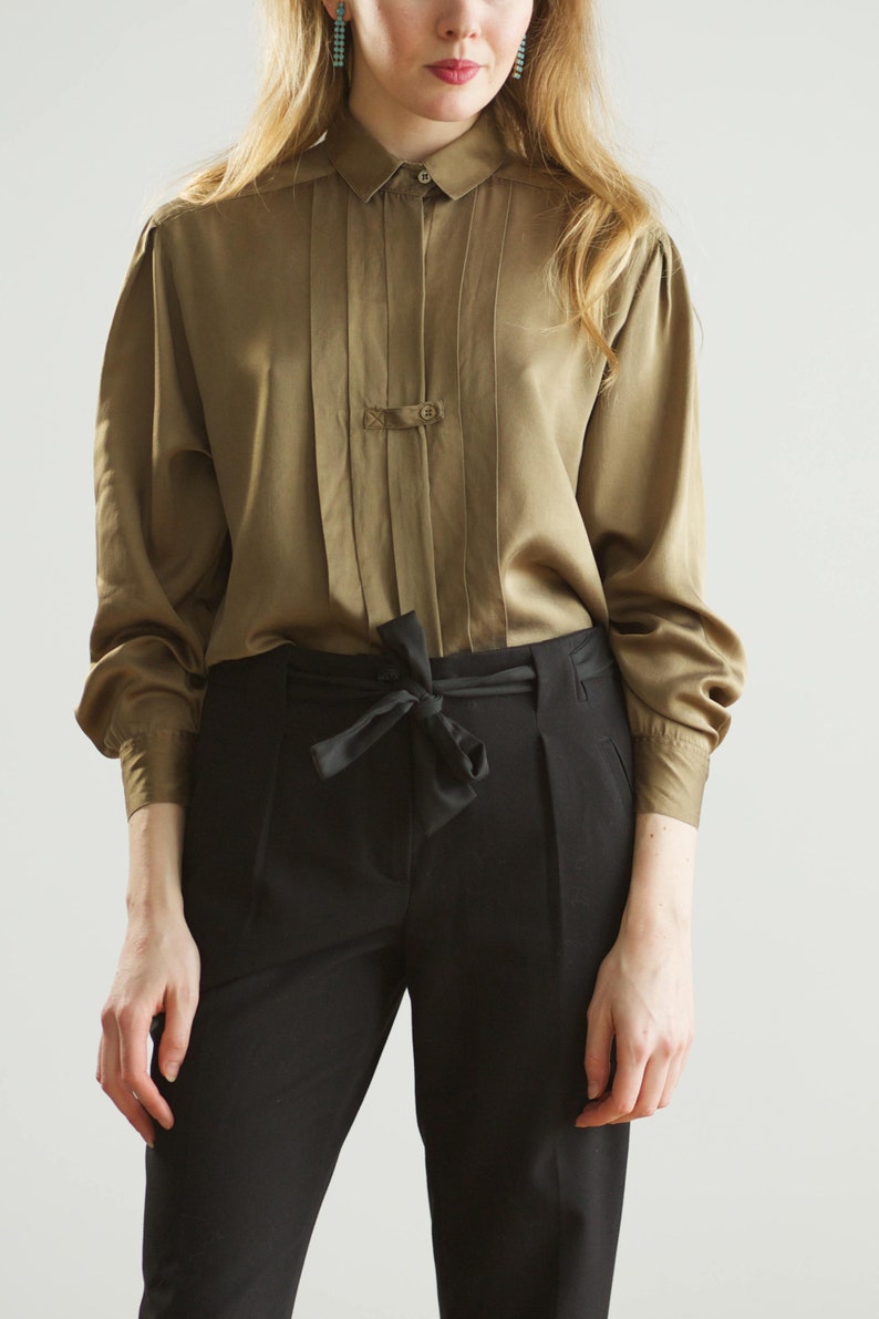 90s structural silk blouse vintage flat pleated shirt small