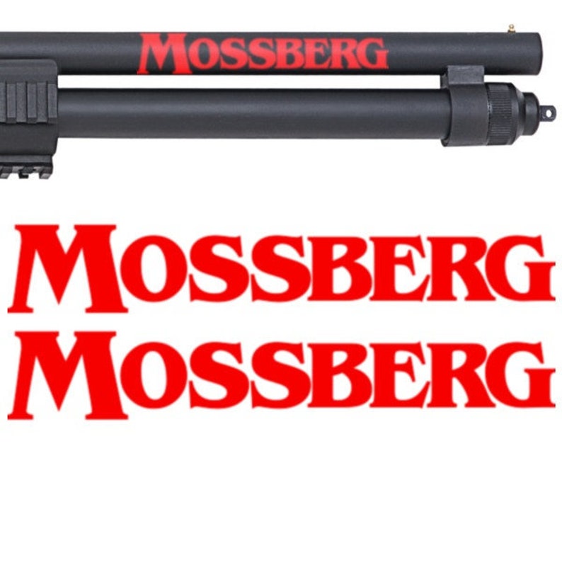 May include: A black shotgun with a red "Mossberg" logo on the barrel. The logo is repeated twice below the image of the shotgun.