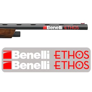 May include: A black and brown shotgun with a red and white "Benelli ETHOS" logo on the barrel. The logo is repeated twice on a gray background.