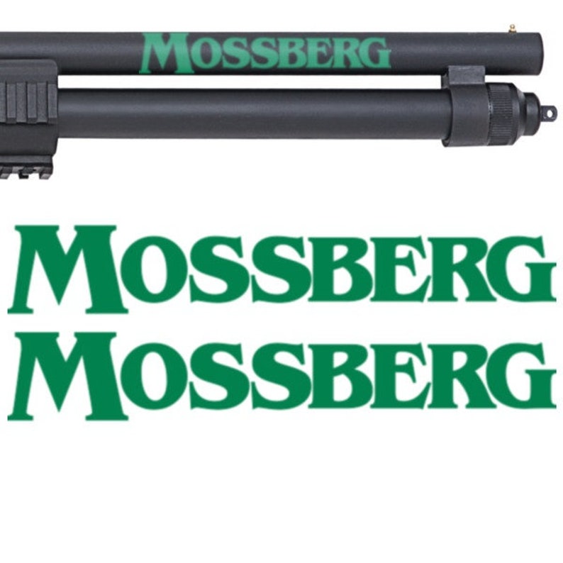 May include: A black shotgun with a green "Mossberg" logo on the barrel. The logo is repeated twice below the image of the shotgun.
