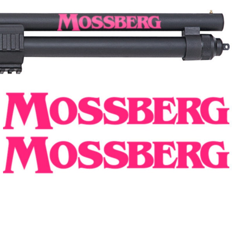 May include: A black shotgun with a pink "Mossberg" logo on the barrel. The logo is repeated twice below the image of the shotgun.
