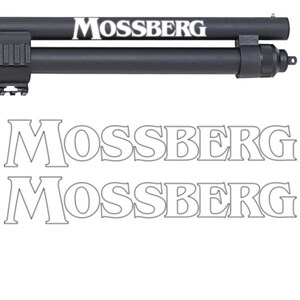 May include: A black Mossberg shotgun with a black barrel and a black stock. The shotgun has a white Mossberg logo on the barrel.