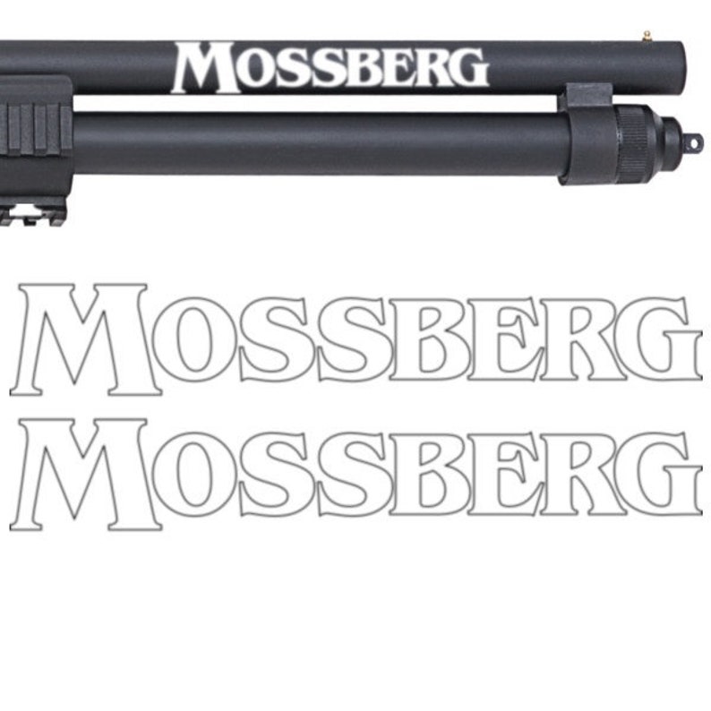 May include: A black Mossberg shotgun with a black barrel and a black stock. The shotgun has a white Mossberg logo on the barrel.