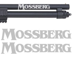 May include: A black Mossberg shotgun with a black barrel and a black stock. The shotgun has a silver Mossberg logo on the barrel.