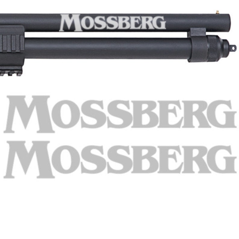 May include: A black Mossberg shotgun with a black barrel and a black stock. The shotgun has a silver Mossberg logo on the barrel.