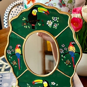 Vintage mirror, tropical theme Toucan, Handpainted. 10” by 8”