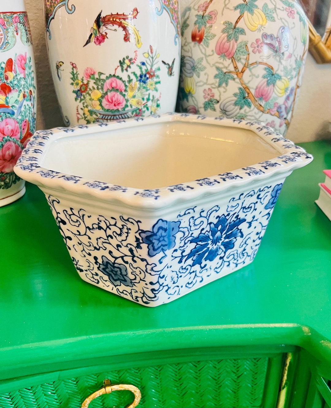 Vintage Chinoiserie Three Hands Corp Blue & White Floral Planter With