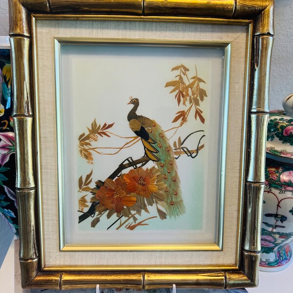 Vintage Chinoiserie Art, Hand painted Wheat Stalk Peacock,  in Brassy Gold Bamboo Frame