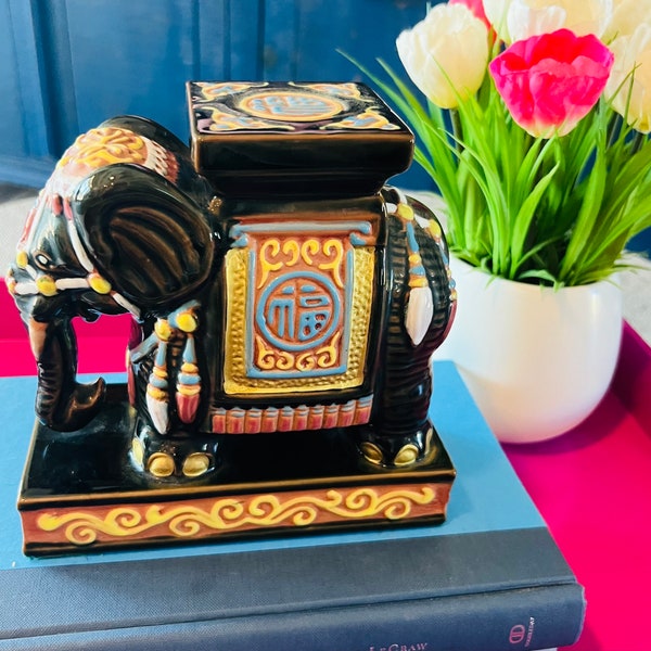 Vintage Chinese Chinoiserie Elephant plant stand, book end, decor. glazed ceramic, hand painted. 6.5” by 6.5”