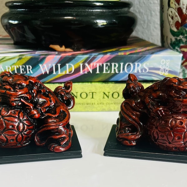 Pair of vintage Foo Dogs, red resin, excellent condition.