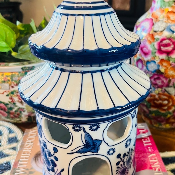 White/Blue Chinoiserie Large Pagoda Birdhouse, 8 in.