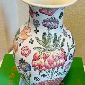 Vintage Chinese Chinoiserie Famille Rose tall vase, bright colors with florals, 12”