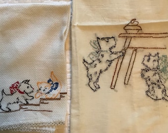 Vintage embroidered puppy and kitty tea towels-2 pcs