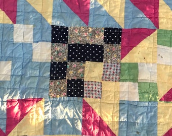 Vintage Crib Linen Antique Baby Quilt Log Cabin Pink Blue Home