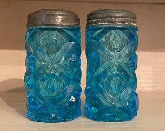 EAPG early American pressed glass Aqua glass shakers-moon and stars lids