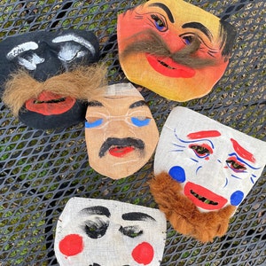 Antique 1930s painted gauze Halloween masks-5 pieces