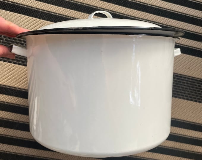 Vintage White and Black Enamel Stock Pot With Lid Etsy