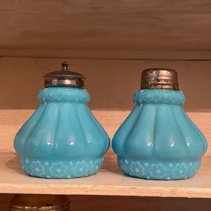 Two Antique EAPG Turquoise Blue Pressed Glass Salt and Pepper